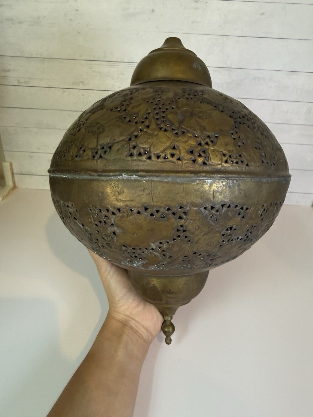 Vintage Pierced Brass Hanging Lantern Floral Repousse Moroccan Style 15”
